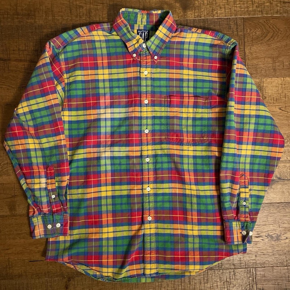 Gap Button Up Shirt Mens XL Multi Plaid Vintage 90s Flannel Rainbow Long Sleeve